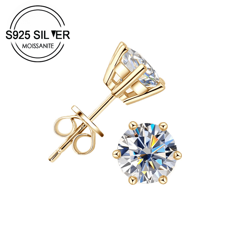 

1 Pair, Elegant & Classic Style, Golden 6 Prong Inlaid 0.3/0.5/1/2ct Moissanite Studs Earring, Fashion Delicate Accessory For Daily Wear & Matching Outfits, Idea Gift, Include Gift Box Weight 4g