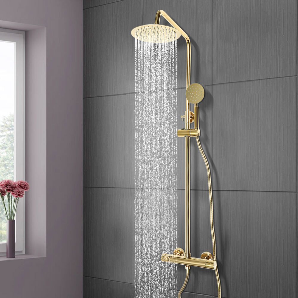 Shower System Shower Faucet Thermostat Rain Shower Golden With Hand Shower Bathroom Golden Round Shower Suit