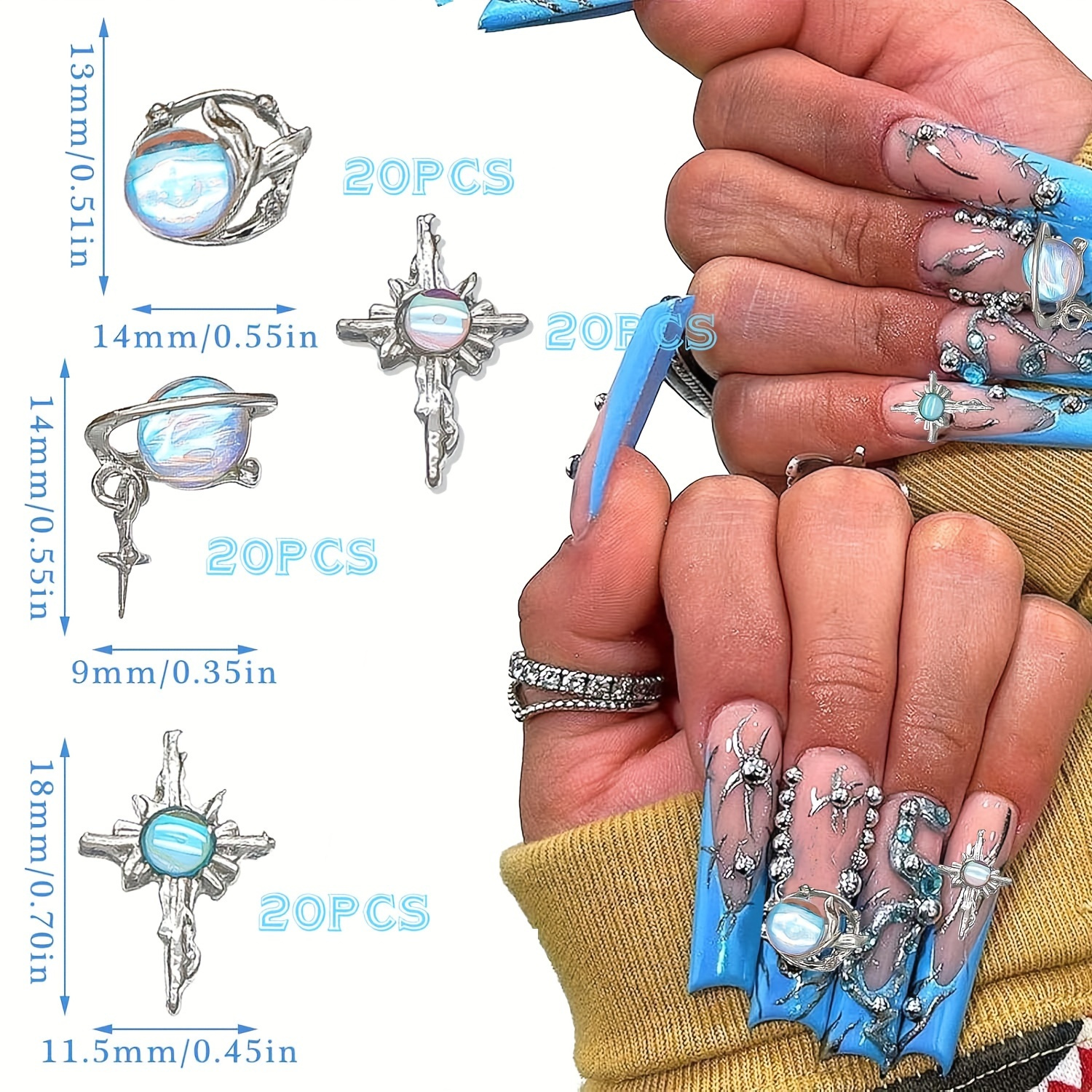 TEMU 80pcs 3d Alloy Eye Nail Charms For Acrylic Nails Silver Nail Art Charm With Rhinestones Y2k Nail Jewels Diamonds Supplies For Manicure Diy Nail Art Decor Accessories