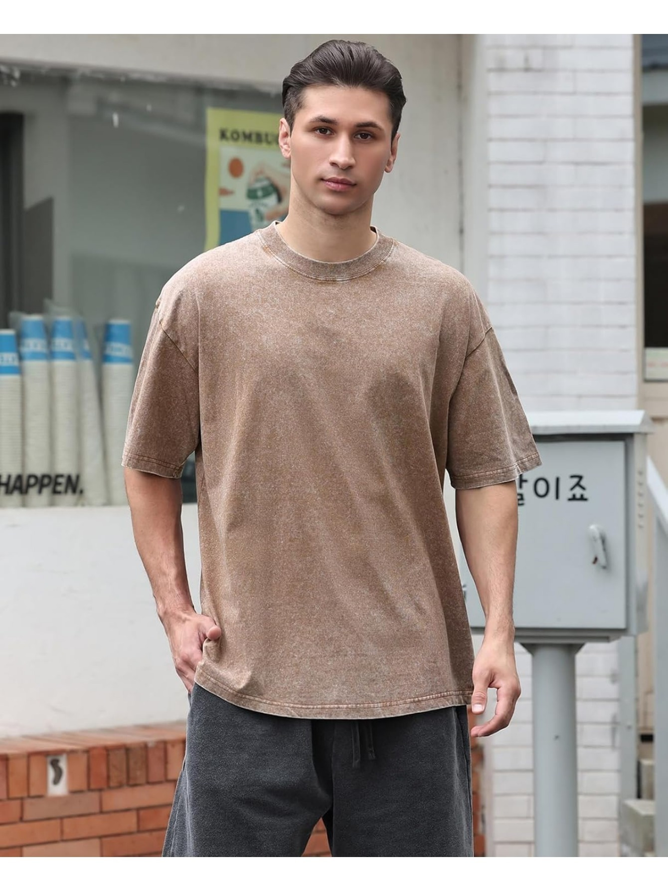 【oan】l Letter Vintage Washing Short Sleeve T-Shirt Summer High Street Wash American Vintage Foam Letter Short