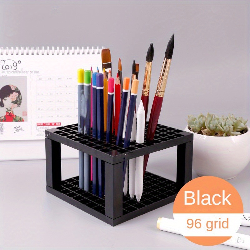 

Black Plastic Spinner Wheel Desk Organizer - 96 Hole Pencil & Brush Holder Rack For Pens, Paint Brushes, Colored Pencils, Markers - Art Supplies Storage Stand