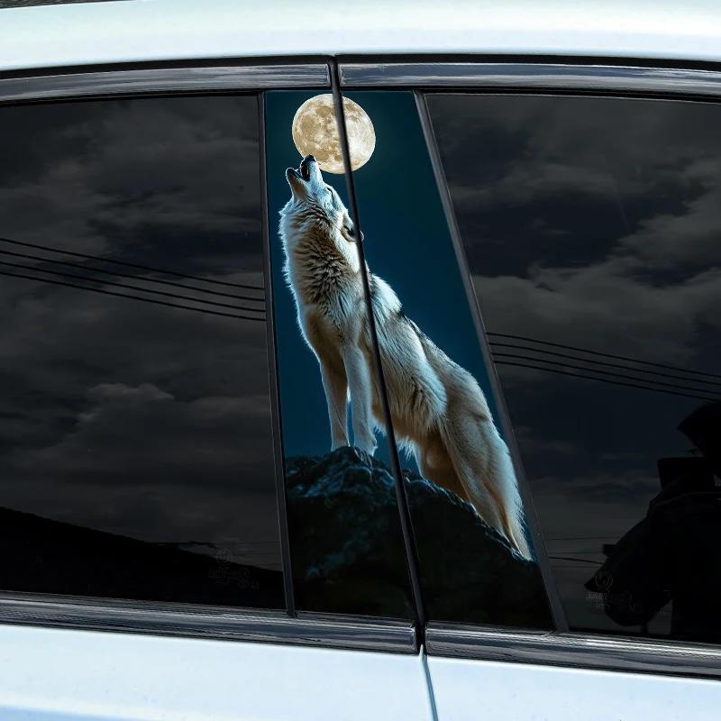 

Wolf Howling At Moon Vinyl Car Decal - 1pc Waterproof B-pillar Sticker, Scratch Cover, Personalized Vehicle Door Pillar, Sun Protection, Long-lasting Auto Accessory