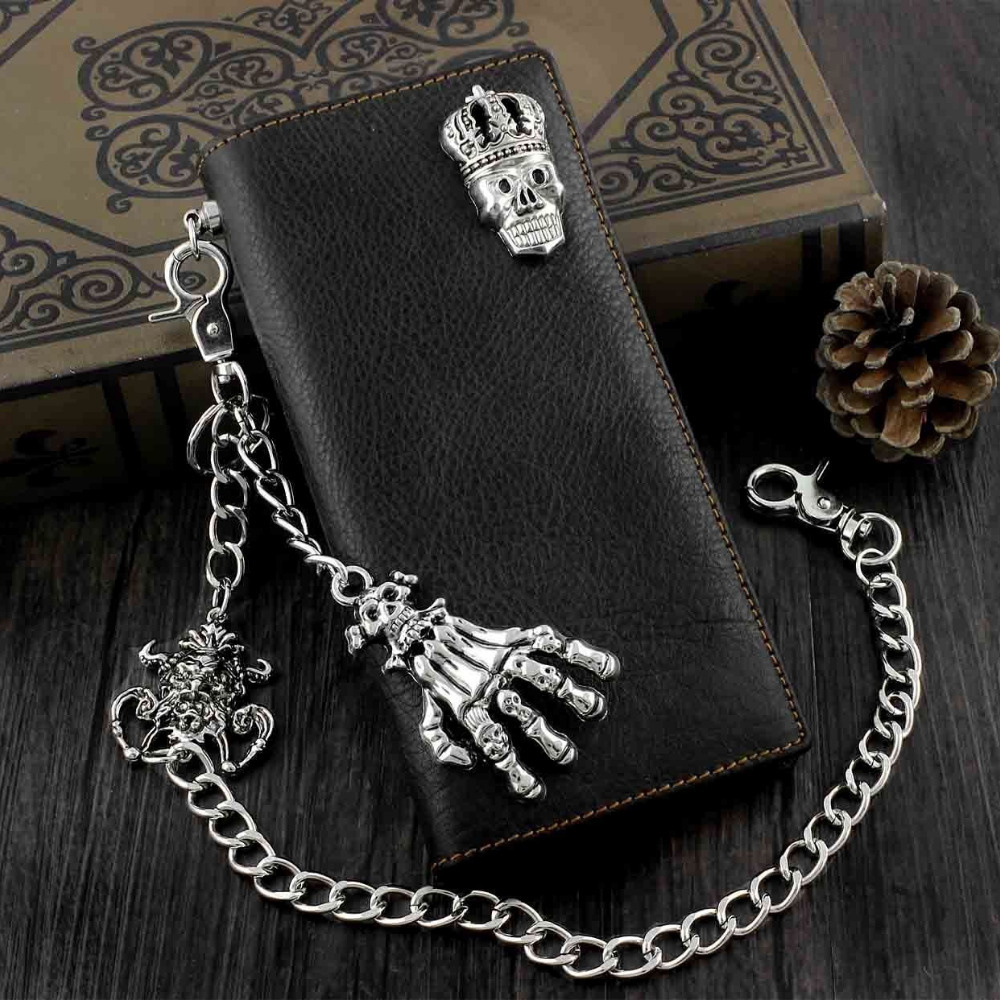 

Skull Biker Punk Mens Pu Leather Long Wallet With Jeans Key Chain