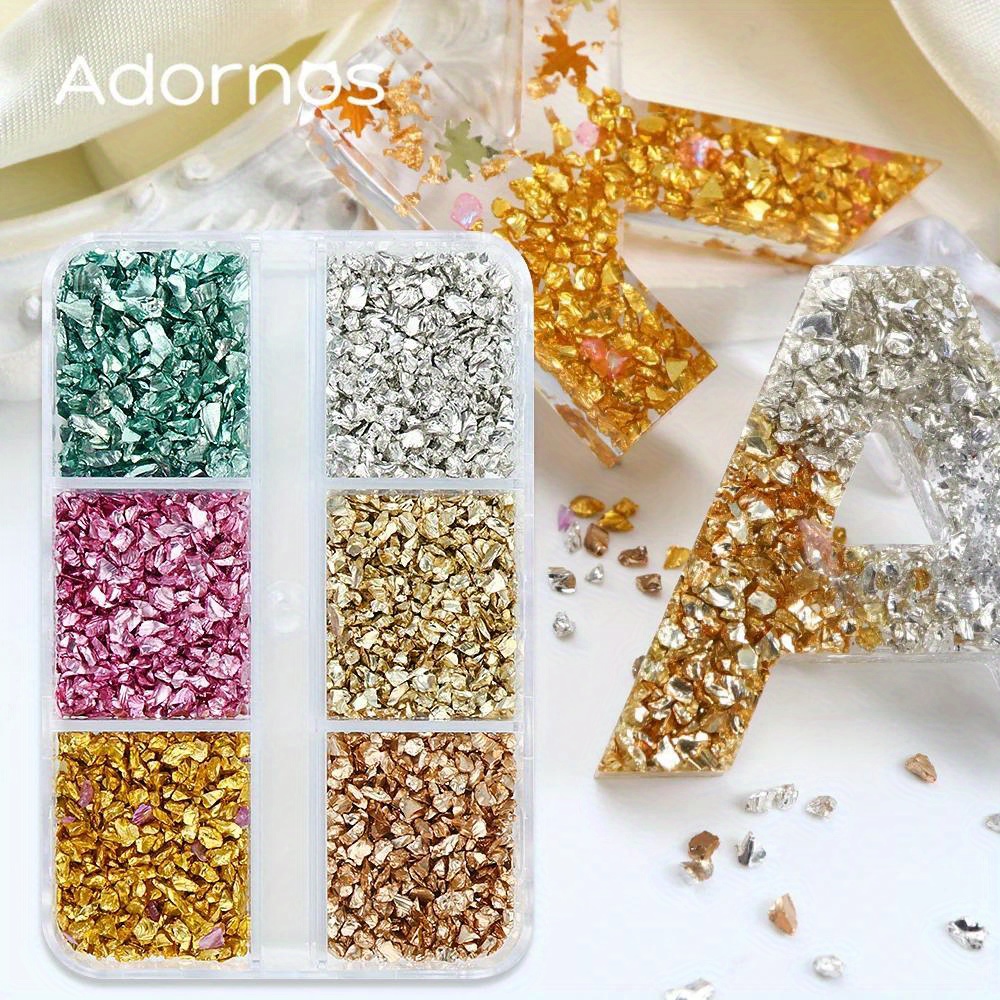 

6 Grids Box Of Assorted Irregular Crushed Glass Stones For Epoxy Resin Jewelry Crafts, Metallic Color Crackle Glass Pieces Diy Filler