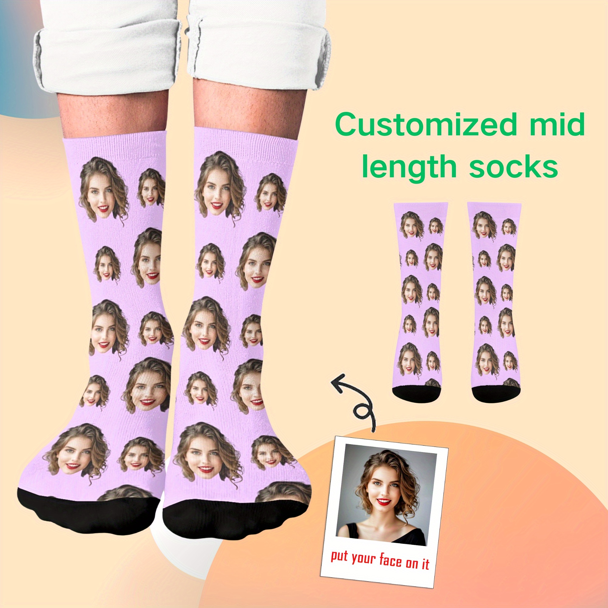 

Custom Photo Face Men's Mid-calf Socks, 1 Pair - 100% Polyester Knit Fabric, Personalized Portrait Pattern, Hand Wash Only - Customizable Gift