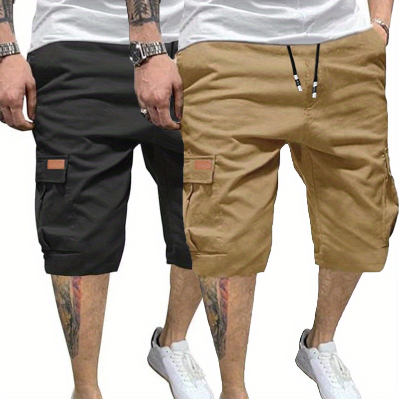 

2pcs Men's Casual Cargo Shorts - Classic Drawstring, Stretch Cotton With Multiple Pockets, Gray & Brown, Machine Washable, Comfortable For Casual Attire