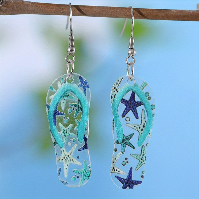 

1 Pair Of Acrylic Blue&white Flip-flops Dangling Hook Earrings For Women, Jewelry For Seaside/ Beach Vacation, Vacation Souvenirs For Girls And Women