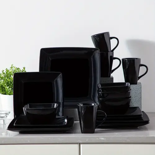 16pcs stoneware square dinner set black dinnerware set with dessert plate bowls and mugs service for 4
