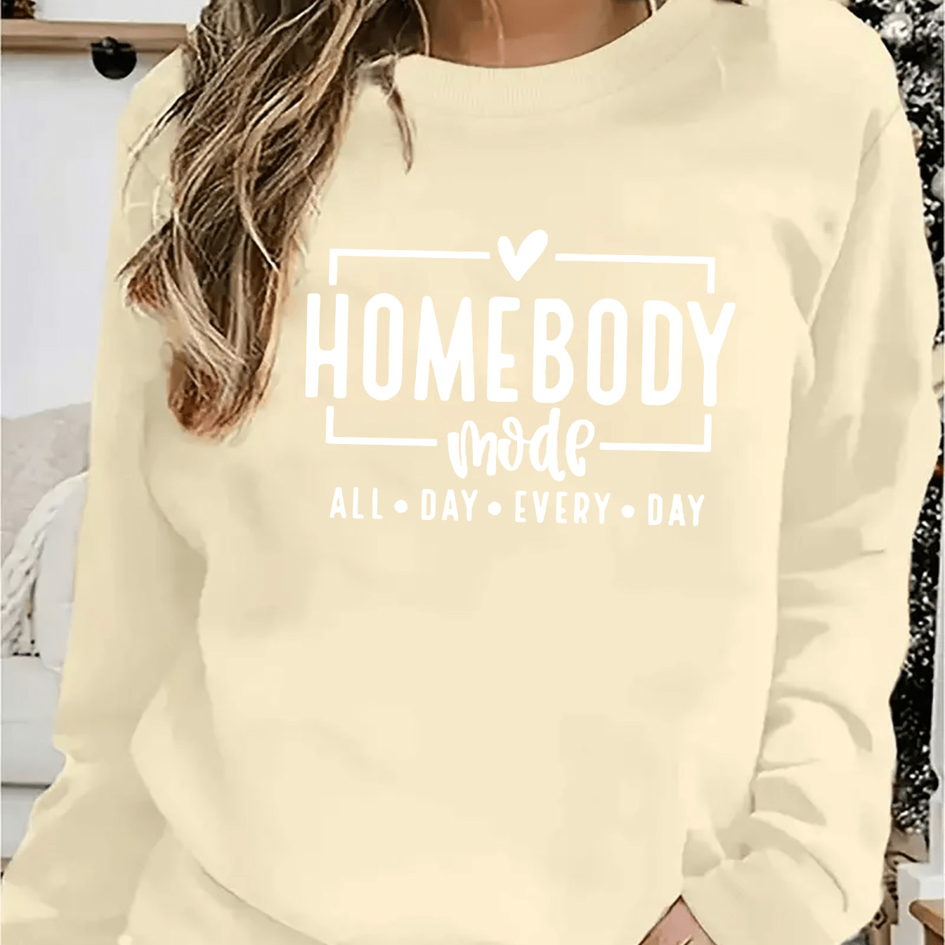 

Homebody Mode Graphic Print Sweatshirts For Women, Casual Long Sleeve Crew Neck Knit Pullover, 100% Polyester Soft Comfort Fit, Versatile Everyday