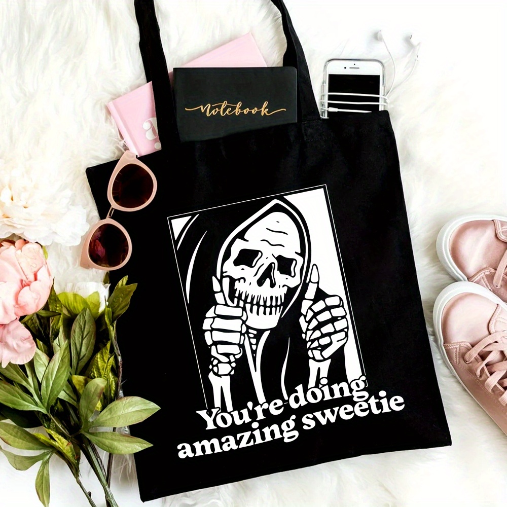 

Funny Skeleton Canvas Tote Bag - Large Capacity, Handbag For Outdoor Picnics & Parties - Perfect Halloween Or Christmas Gift