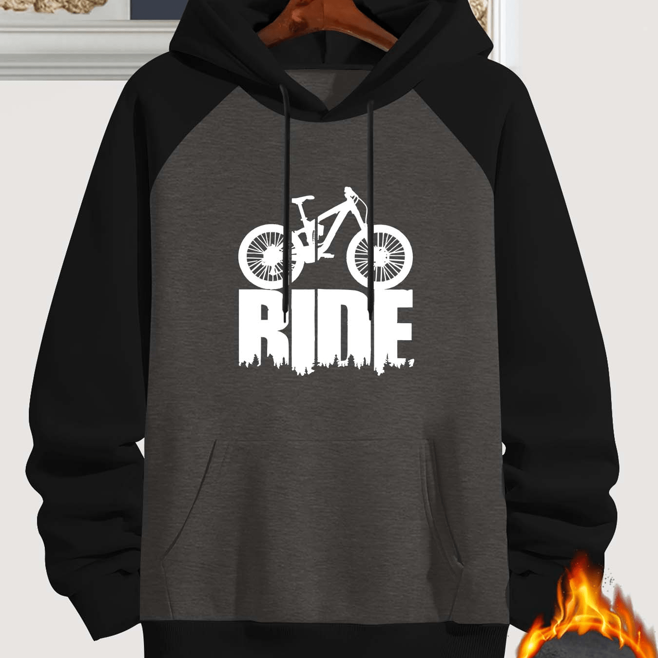 

Sweat à capuche décontracté et polyvalent pour homme avec éléments de lettres, sweat à capuche tendance à deux tons et épais avec impression de vélo sur la lettre RIDE