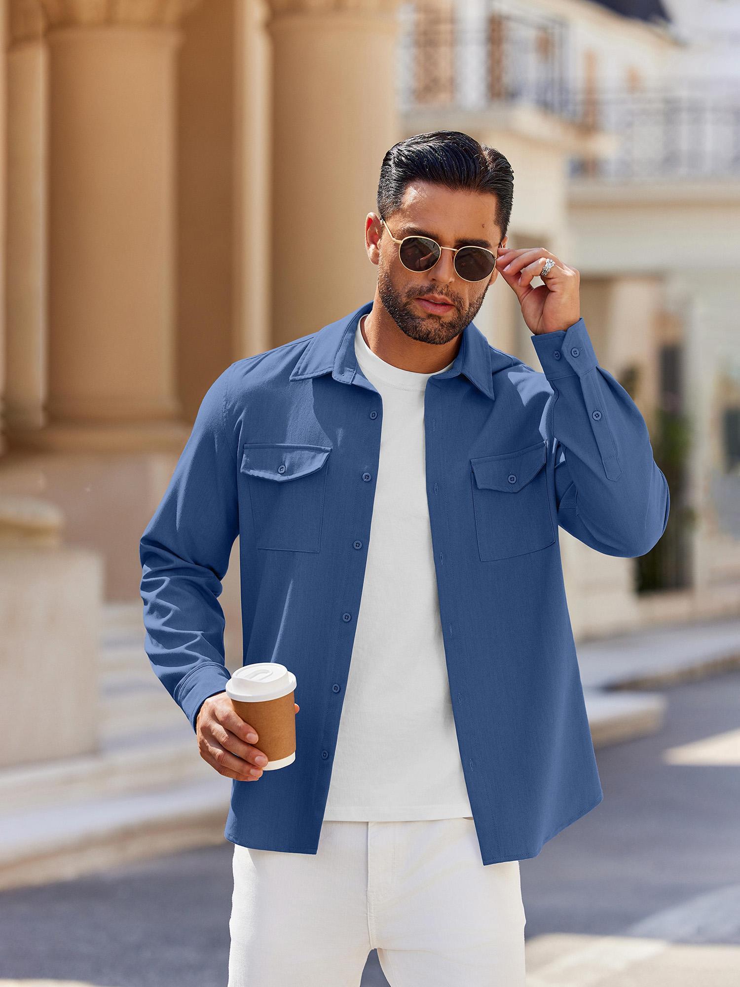 mens stretch denim button shirt jacket like dress shirt Temu