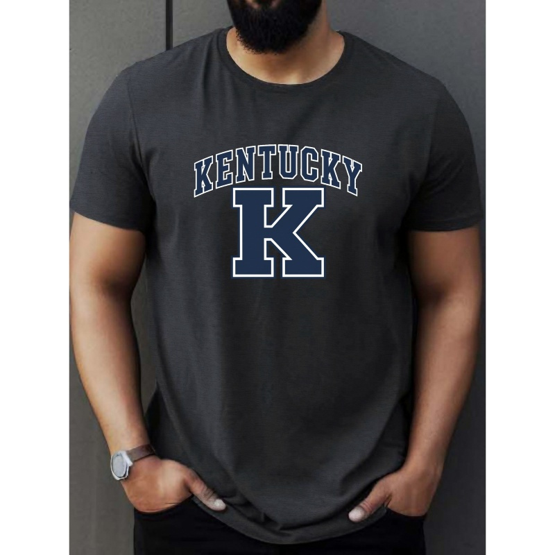 

Kentucky K Dark Blue Letter Print Tee Shirt, Tees For Men, Casual Short Sleeve T-shirt For Summer