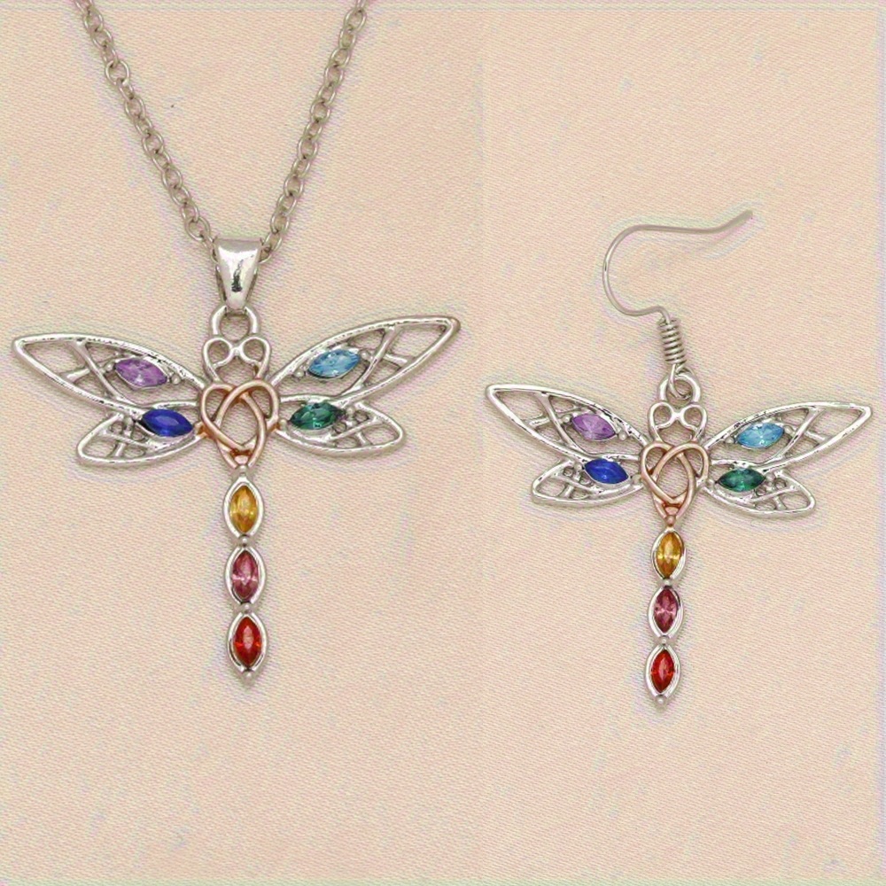 TEMU 3pcs Fashion Exquisite Hollow Colorful Dragonfly Necklace Earrings Set Birthday Gifts