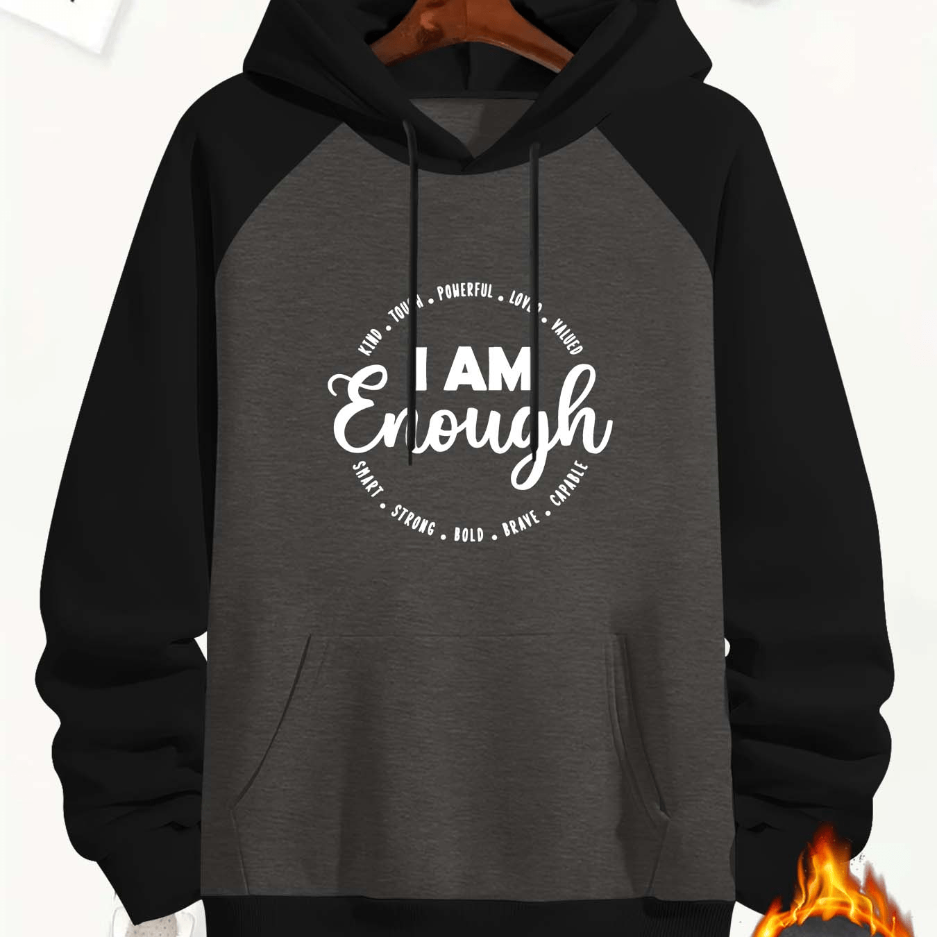 

I Am Enough Round Letter Row Printed Men's Casual Sports Hooded Sweatshirt With Letter Elements, 2 Tone Thickened Casual Versatile Trendy Hoodie Top