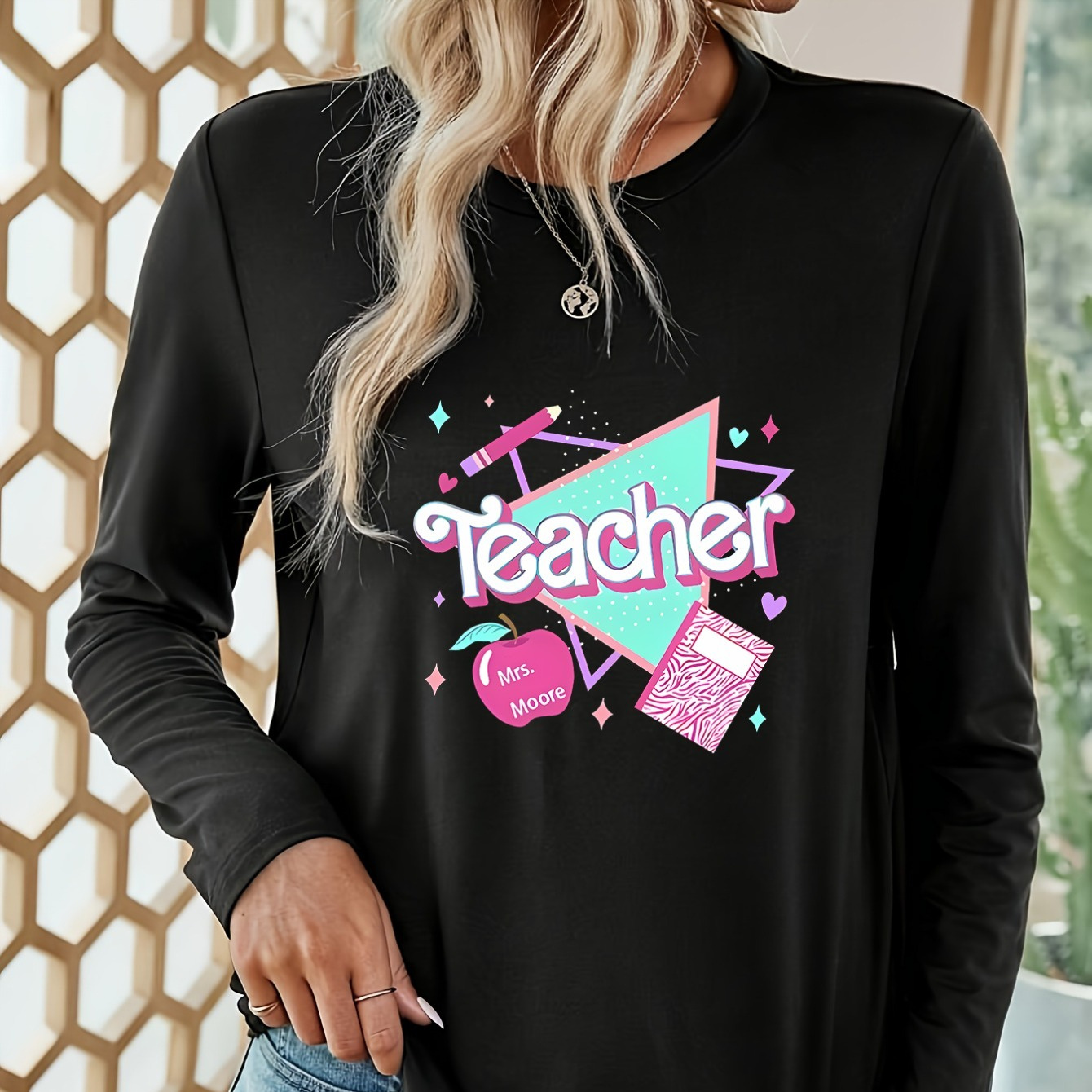 

Women's Casual Long Sleeve T-shirt, Teacher Letter Print, Light Stretch, Machine Washable, Crew Neck