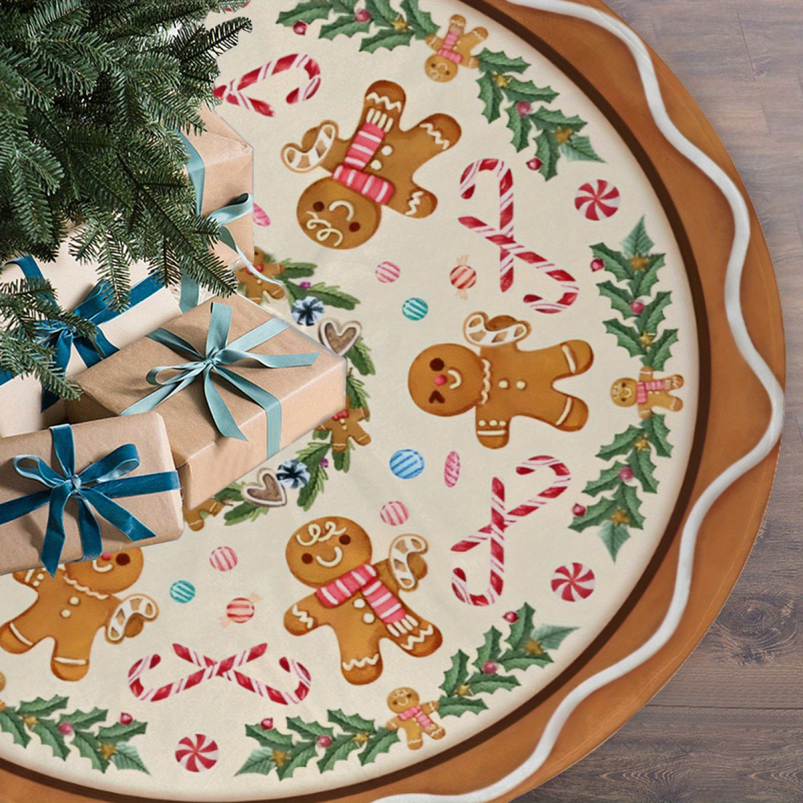 

Christmas Tree Skirt - 1pc Polyester Holiday Decor With Gingerbread Man & Candy Design, Festive Indoor & Outdoor Winter Decor 48