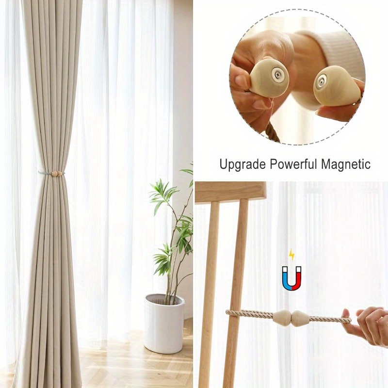 Decorazione Tende Corda Regolabile Fermatende Magnetici In Corda - 4 Pezzi, 50 Cm, Beige, Con Calamite In Legno, Stile Boho Fermatende Calamita