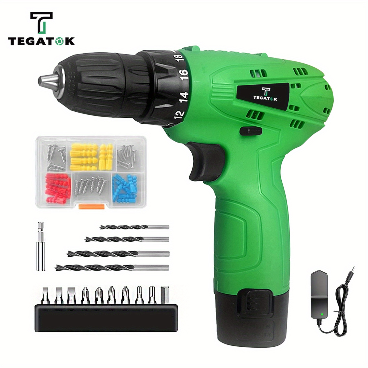 

Tegatok 12v Cordless Drill Set Lightweight Design Body For Easy Carrying 18+1 Torque Design 3/ 8 " Design Built-in Led Light Drill Bit Compact And Lightweight For Screwdrivers And Drilling