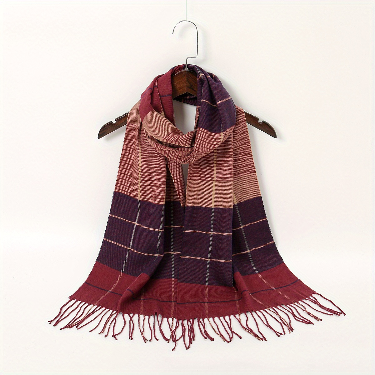 Image of 1pc Geometric Scarf - Windproof Warm Winter Scarf With Fringe Edges, Unisex Elegant Casual Scarf For , Machine Washable Fall Accessory, Stylish Shawl | | Durable Fabric