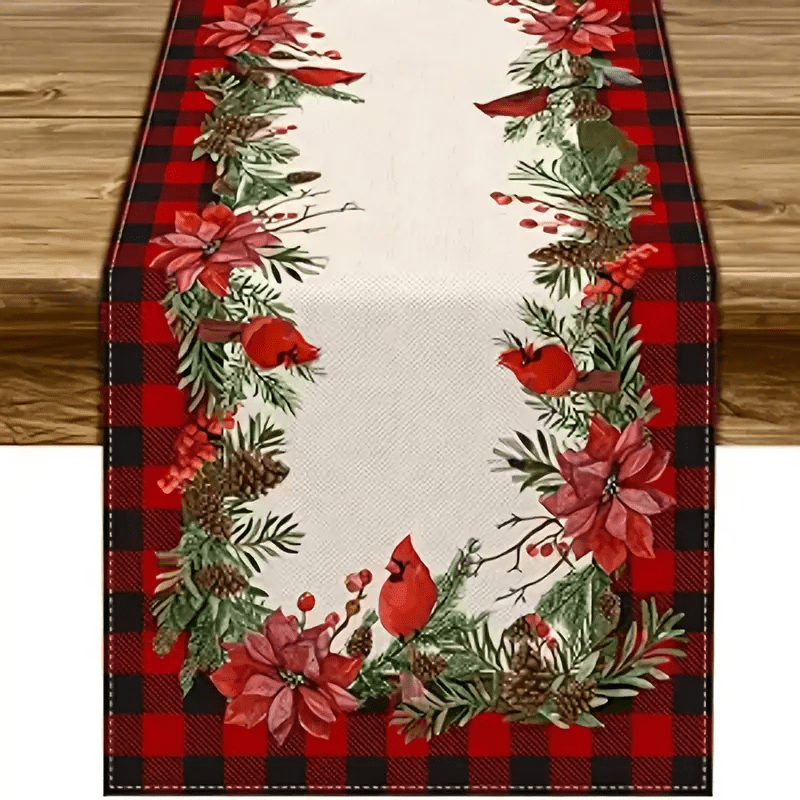 

Christmas-themed Polyester Table Runner - 13x72 Inches, Red & Black Plaid With Design - Perfect For Holiday Kitchen Decor, Outdoor Parties & Indoor Room Makeover