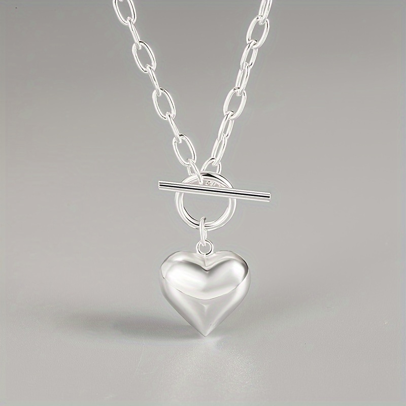 

Retro 925 Sterling Silver Heart Necklace With Ot Buckle Simple Clavicle Chain Silver Color Necklace