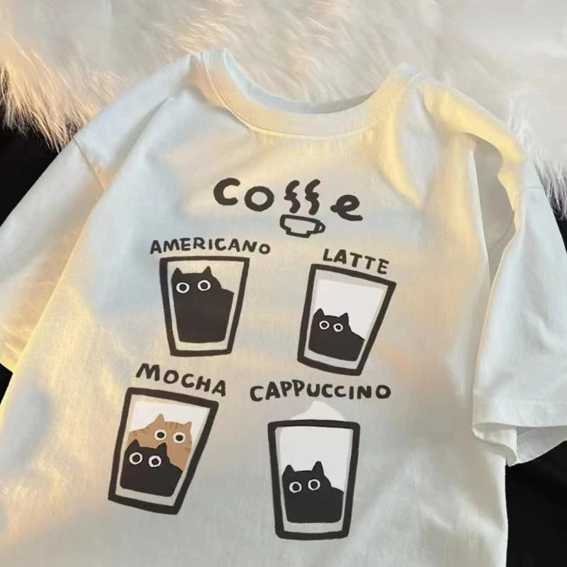 

American Retro Trendy Cat Cotton T-shirt Casual Round Neck Men Women Summer Loose Couple Short Sleeved Tops Tee Harajuku Y2k