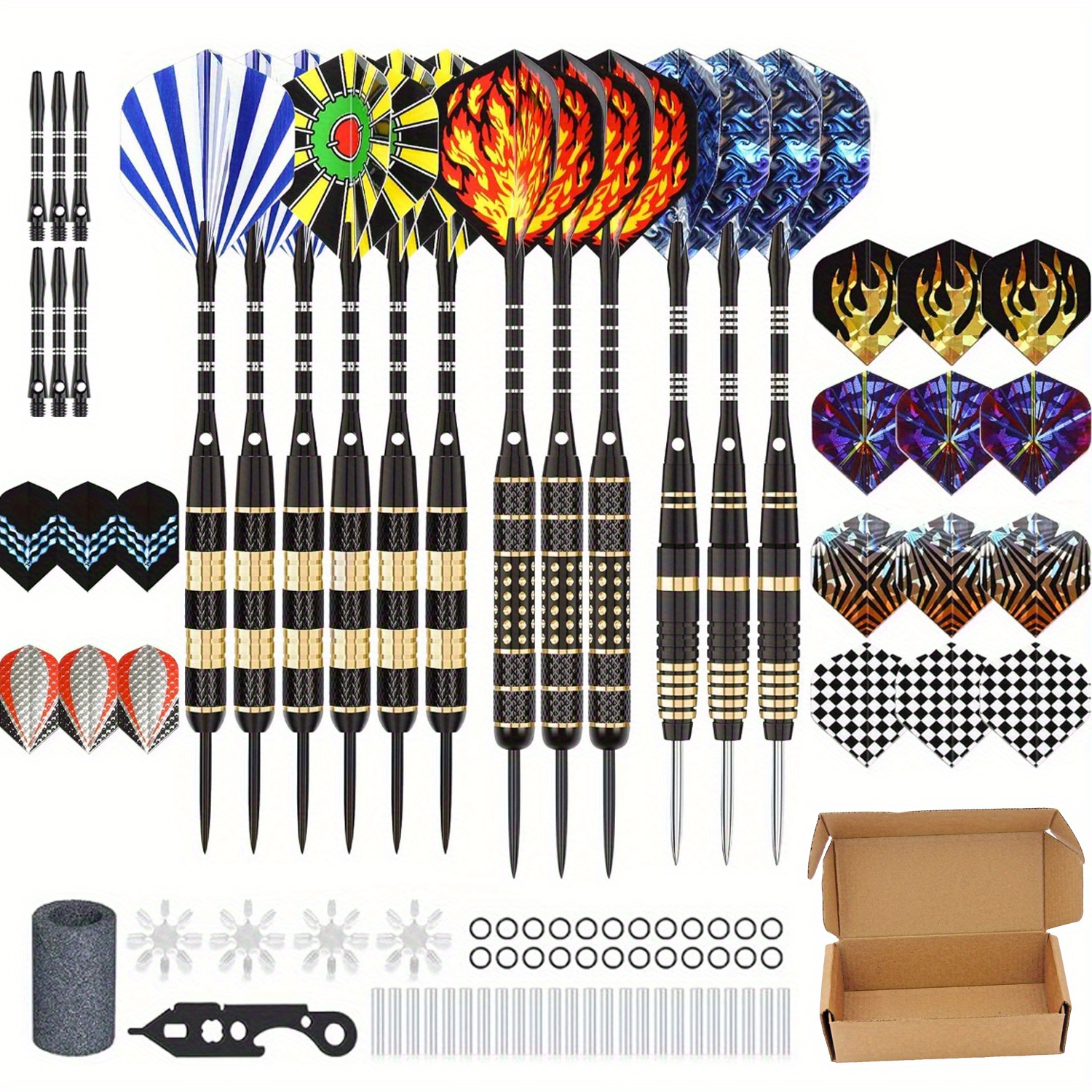 

Professional Darts Set With Detachable Design: Includes 20g, 24g, And 26g Steel Tips, Aluminum Shafts, Brass Barrels, Extra Flights, Sharpener Tool Kit, And Carrying Case