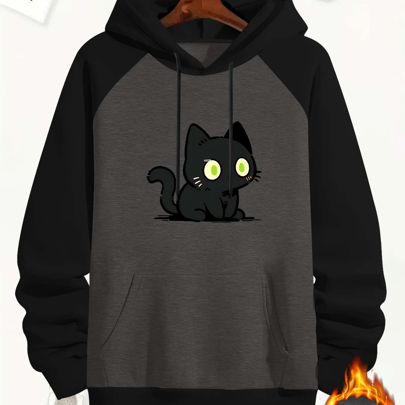 

Men's Casual Hoodie With Cute Black Cat Print - Cozy Fleece-lined Pullover, Kangaroo Pocket, Machine Washable