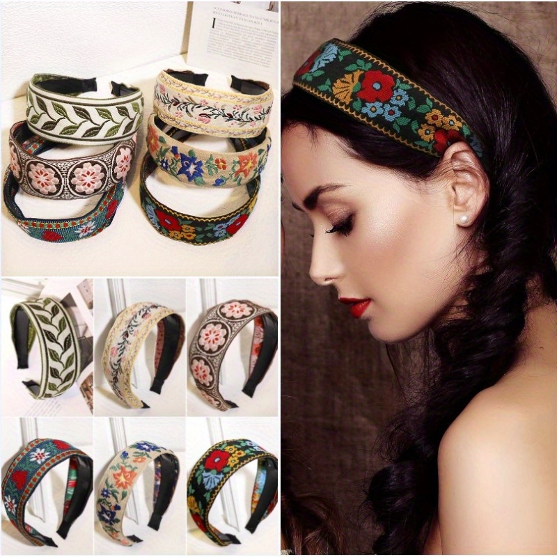 

6 Pieces Boho Headband Embroidery Wide Hair Band Bohemia Floral Knotted Wide Headbands Vintage Ethnic Style Hair Band For Women Girls Hair Accessories (classic Pattern)