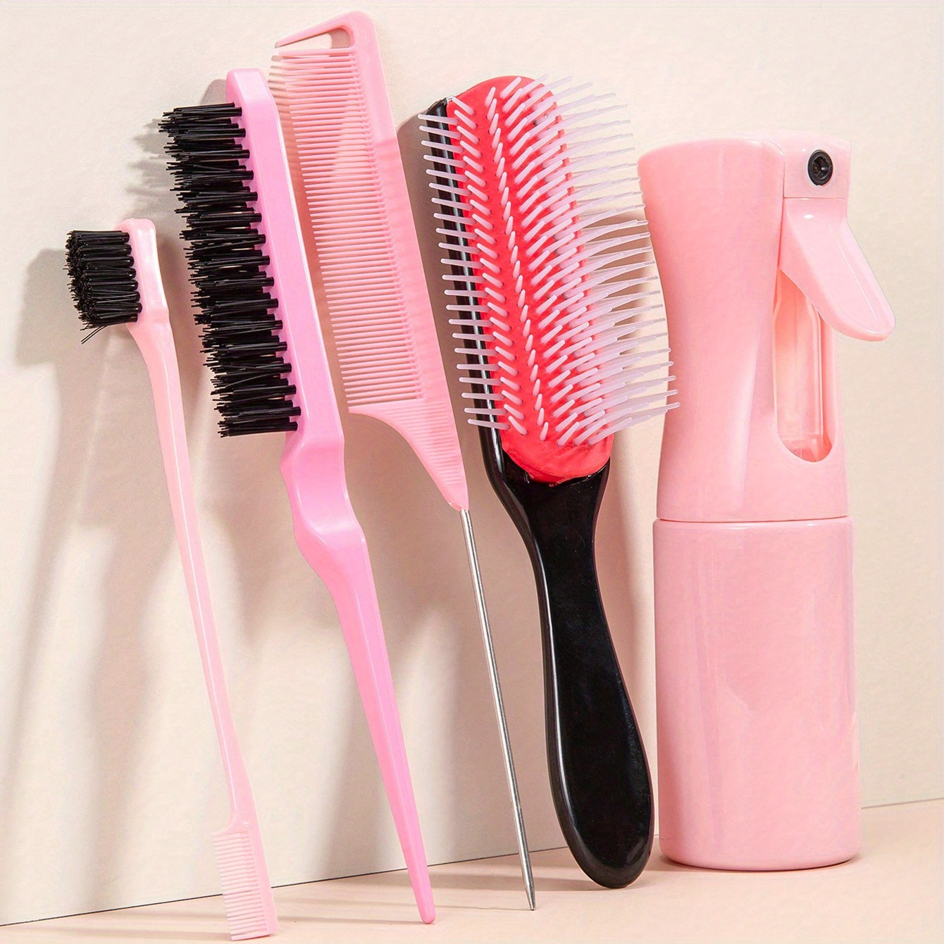 

4/5pcs Hair Styling Set With 9-row Nylon Brush, Rat Tail Comb & Spray Bottle - Perfect For Afro Curls, Wet/dry Textures, And Long Hair Types