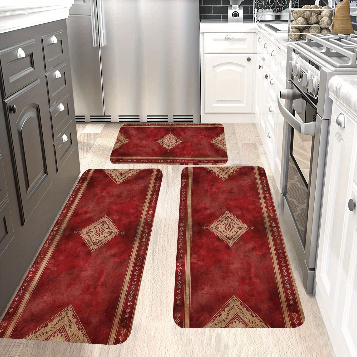 

3-piece Jit Flannel Kitchen Area Rugs, Non-slip, Water Absorption, Oil-proof, Polyester Area Mats For Bedroom, Living Room, Indoor Use - Machine Washable