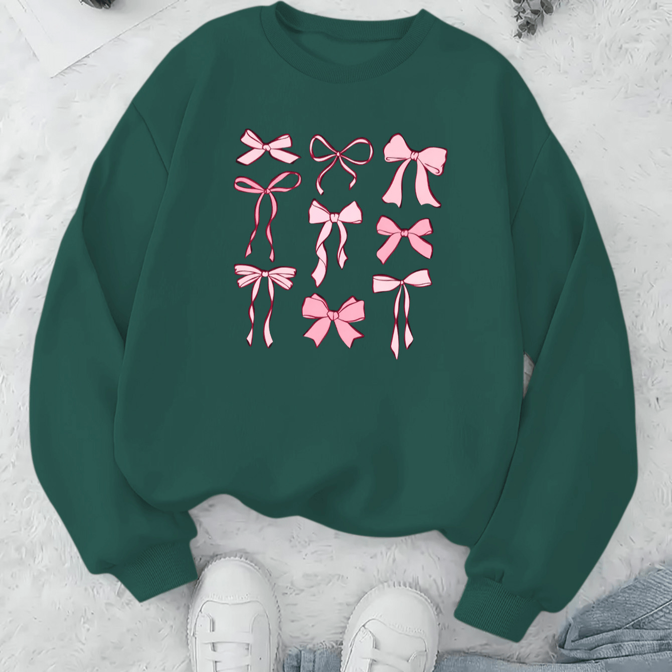 

Chic Pink Bow Print Women's Sweatshirt - Casual Long Sleeve, Soft Knit Pullover With Crew Neck, Machine Washable - Everyday & Fashion- Looks