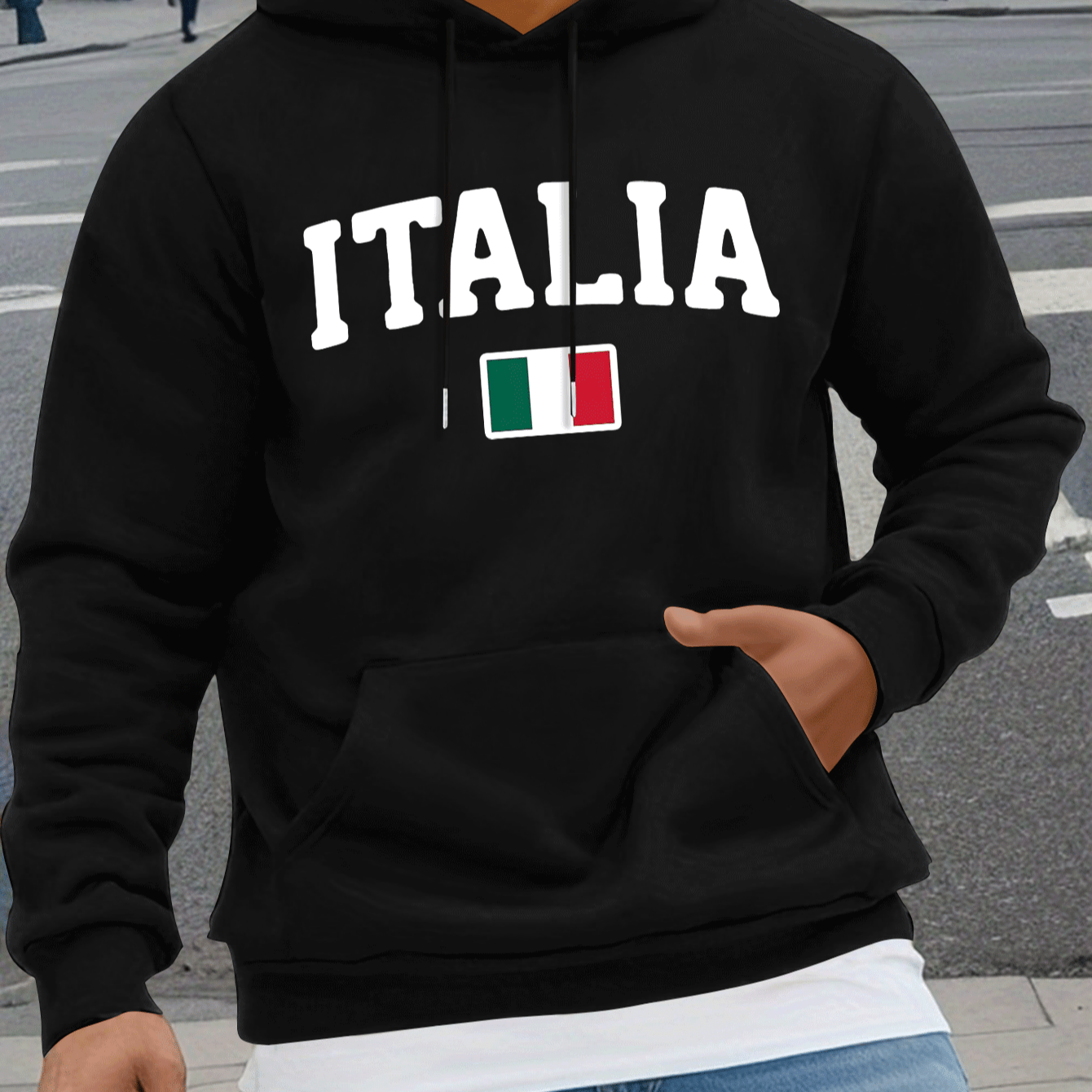 

Men's Italia Print Hooded Sweatshirt - Casual Knit Polyester Hoodie With Elastane, Regular Fit, Long Sleeve Geometric Pullover With Hood For Autumn & Winter