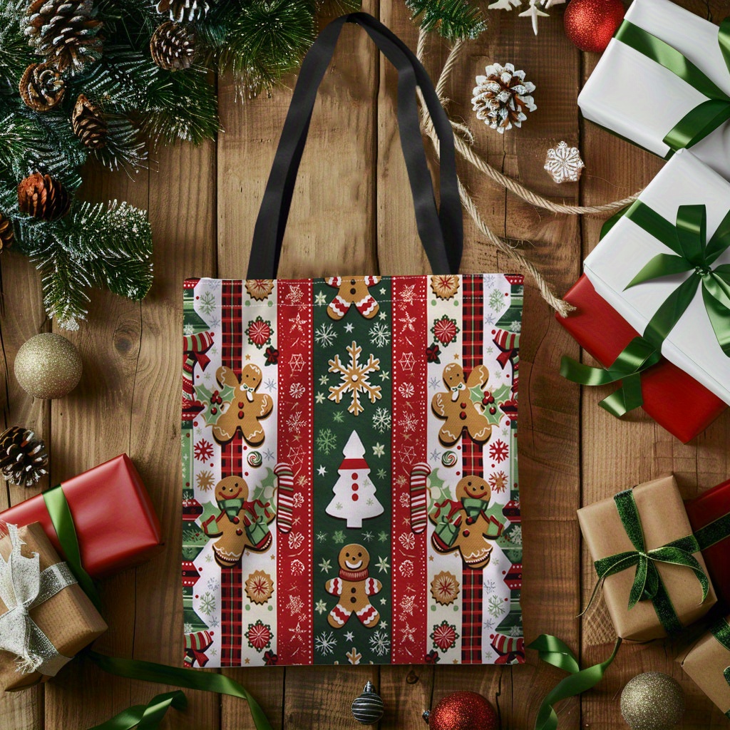 

Festive Christmas Tree & Gingerbread Canvas Tote Bag - Large Capacity, Machine Washable, Shopping & Holiday Gifts, Christmas, Canvas Tote Bag, , Gifts