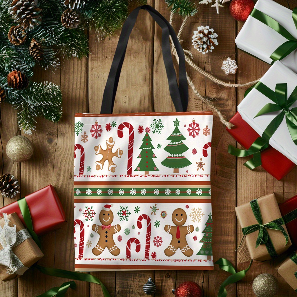 

Festive Christmas Tree & Gingerbread Canvas Tote Bag - Large Capacity, Machine Washable, Shopping & Holiday Gifts