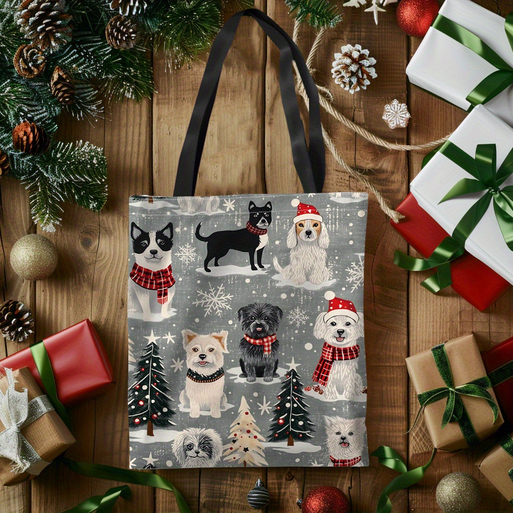 

Christmas Dog Pattern Polyester Tote Bag, No-closure Canvas Shopping Bag With Holiday Canine Print, Durable And Reusable Gift For Family And Friends - 1pc