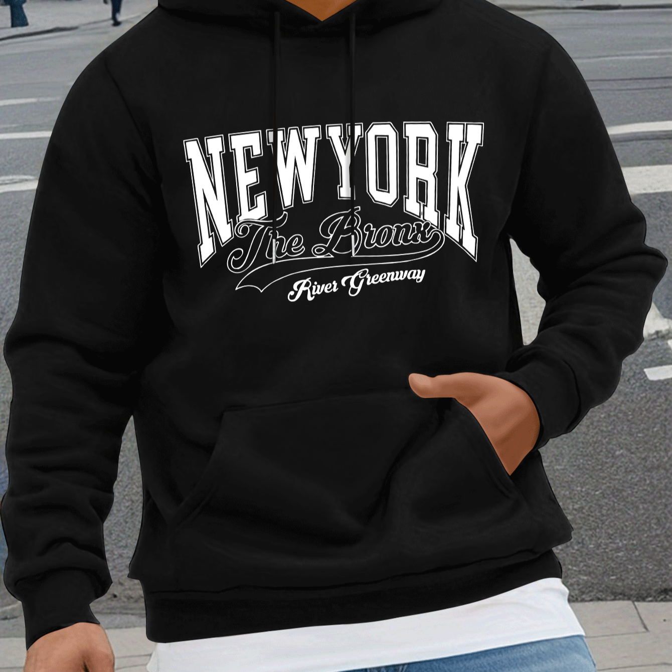 

Classic Design New York Print, Men's Drawstring Sweatshirt Hoodies, Men's Casual Pullover Long Sleeve Hoodies With Kangaroo Pocket, Comfy Tops For Outdoor Activities