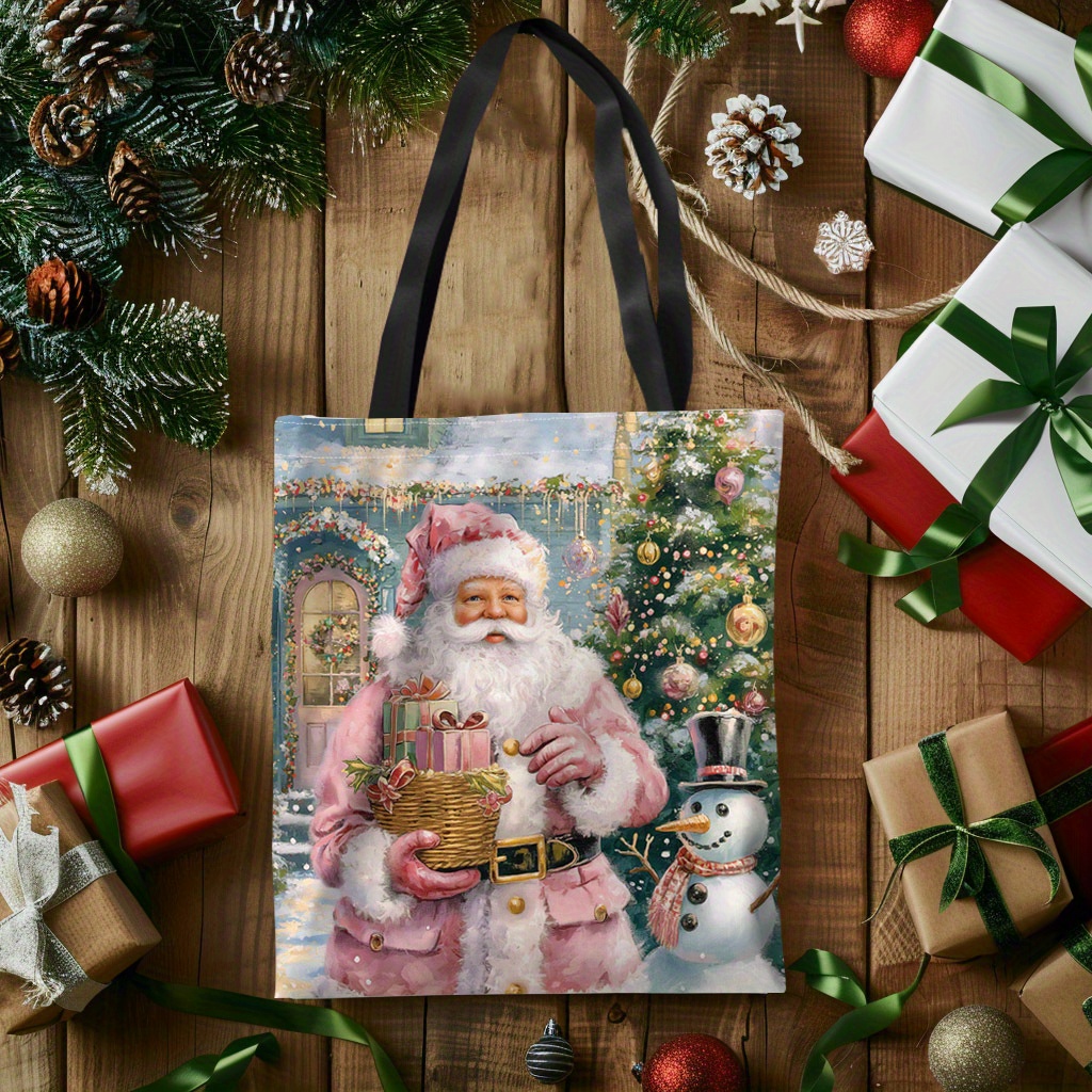 

Christmas Santa Claus And Snowman Print Canvas Tote Bag - 1pc Polyester No-closure Shopping Bag With Festive Design, Ideal For Gifting And Reusable