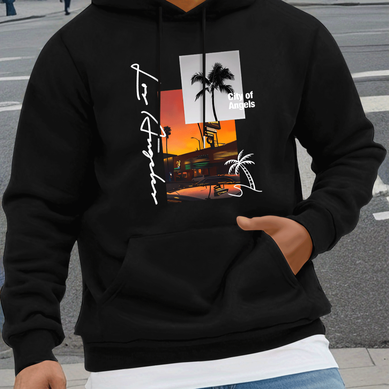 

View Of Los Angeles Print, Men's Drawstring Sweatshirt Hoodies, Men's Casual Pullover Long Sleeve Hoodies With Kangaroo Pocket, Comfy Tops For Outdoor Activities