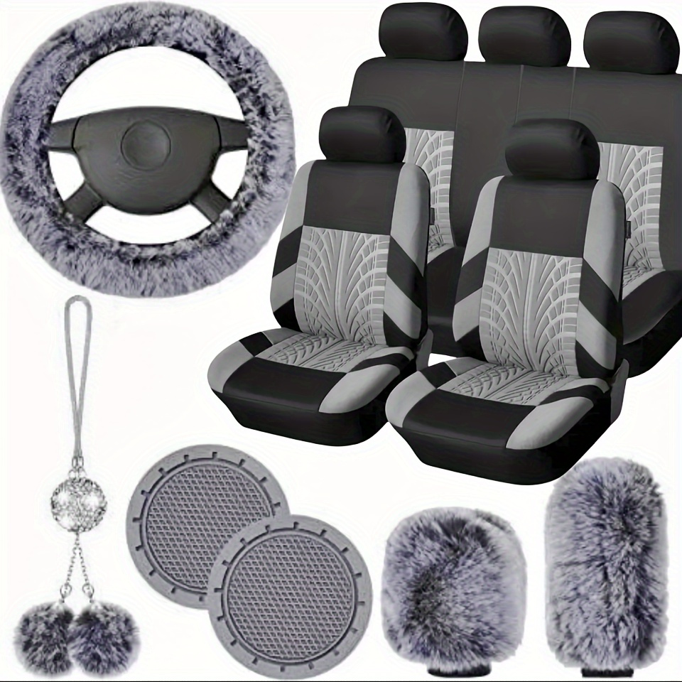 TEMU 15-piece Chic Car Seat Set - Luxurious Polyester Fiber Steering Wheel Cover, Plush Comfort, Simple Fit, And Water Resistant Coasters - Perfect Accessory For Womens Vehicles In Spring And Autumn