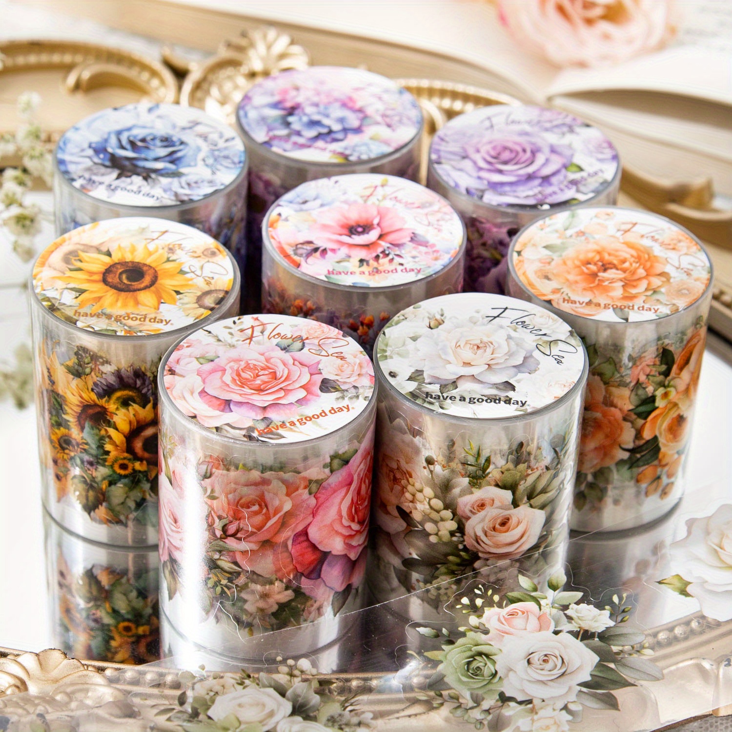 

Floral Tape Set Tape Stickers Sunflower Rose Decorative Masking Tape Vintage Washi Tapes Pet Tape Decorative Tape Supplies Christmas Gift