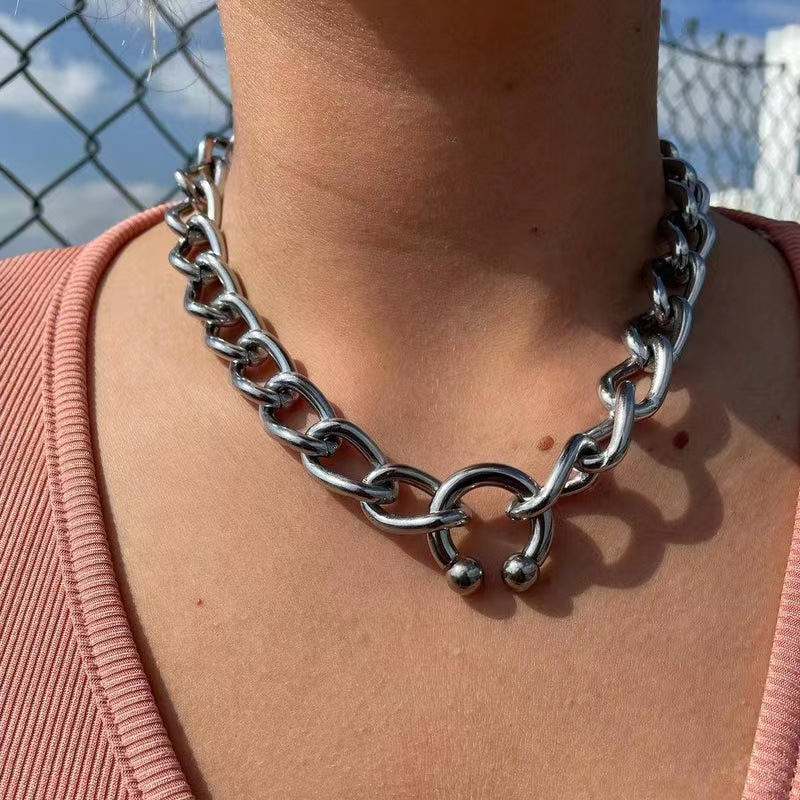 

1pc Retro Punk Hip Hop Y2k Titanium Steel Silver Color, Geometric Semicircle Cuban Chain Clavicle Chain Necklace, Not Limited To Men And Women, Daily Street Party Party Wear