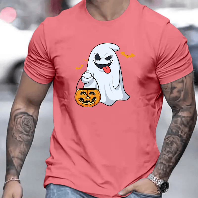 

Pumpkin And Bats Print Men's Loose Casual T-shirt, Breathable Comfy Regular Fit Outdoor Tops For Workout & Leisure, Best Summer Choice, As Gifts