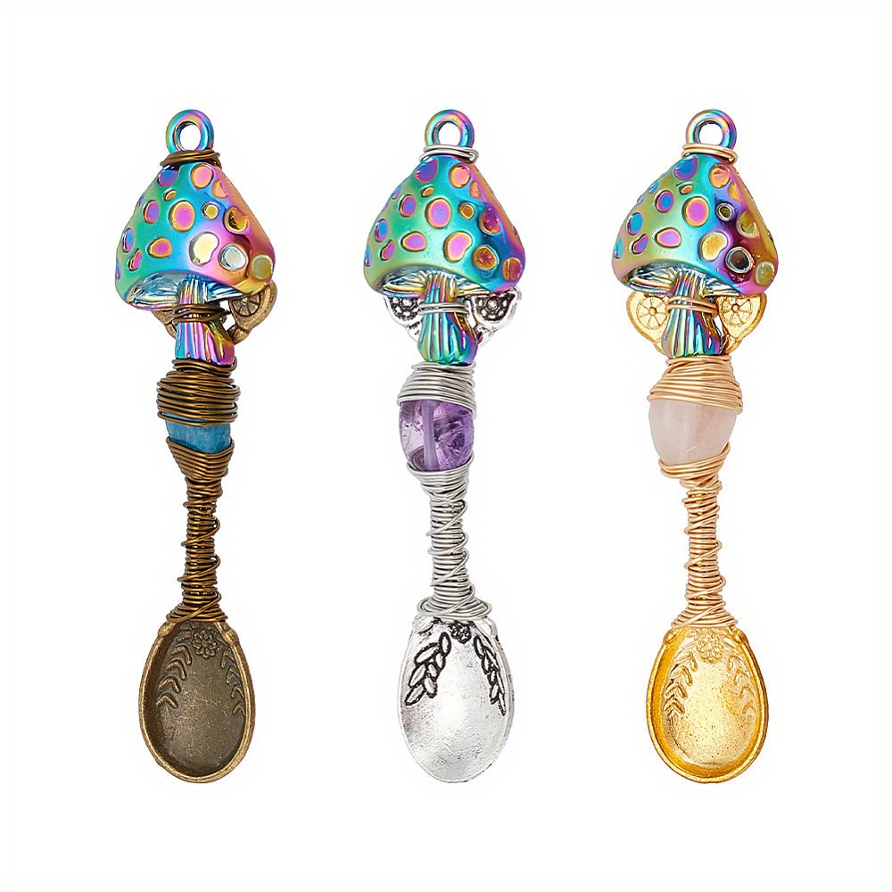 

Superfindings 3pcs Stone Wrapped Pendants Set - Copper Wire Mushroom Shaped Alloy Charms With Amethyst, Rose Quartz, Apatite, Spoon Design For Jewelry Making, 67x17.5mm With 2mm Hole