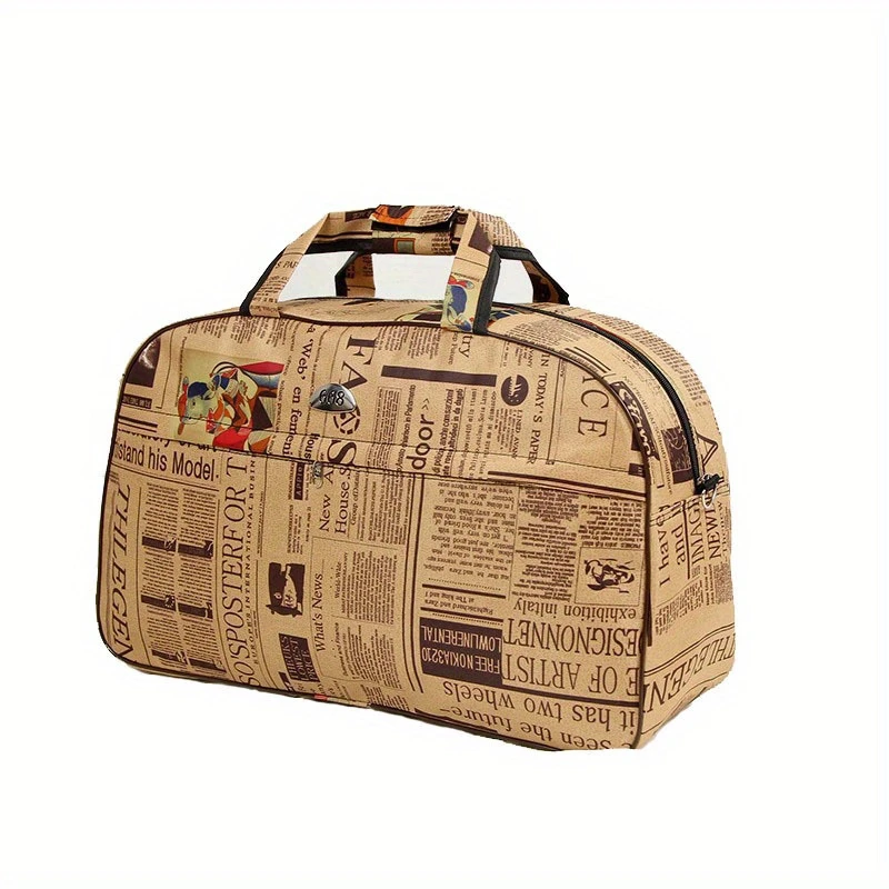 stylish travel bag with unique newspaper print and removable clutch for women your perfect travel companion details 4