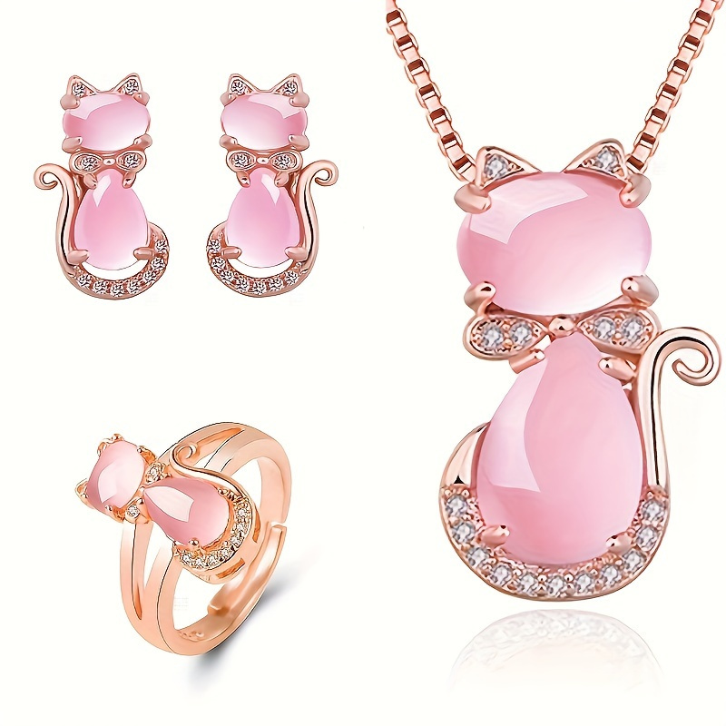 TEMU Girls' Rose Golden Alloy Cat-themed Jewelry Set With Crystal – Includes Pendant Necklace, Earrings, Ring - Fashionable Accessories For Teens And Adults, No Mosaic