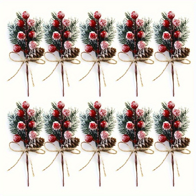 

10pcs/set Of Vibrant Artificial Pine With / Berries - Realistic Christmas Tree Decoration Accessories For Party Decor - Plastic Material, Easy To And Reuse, Perfect Gift Bag Filler