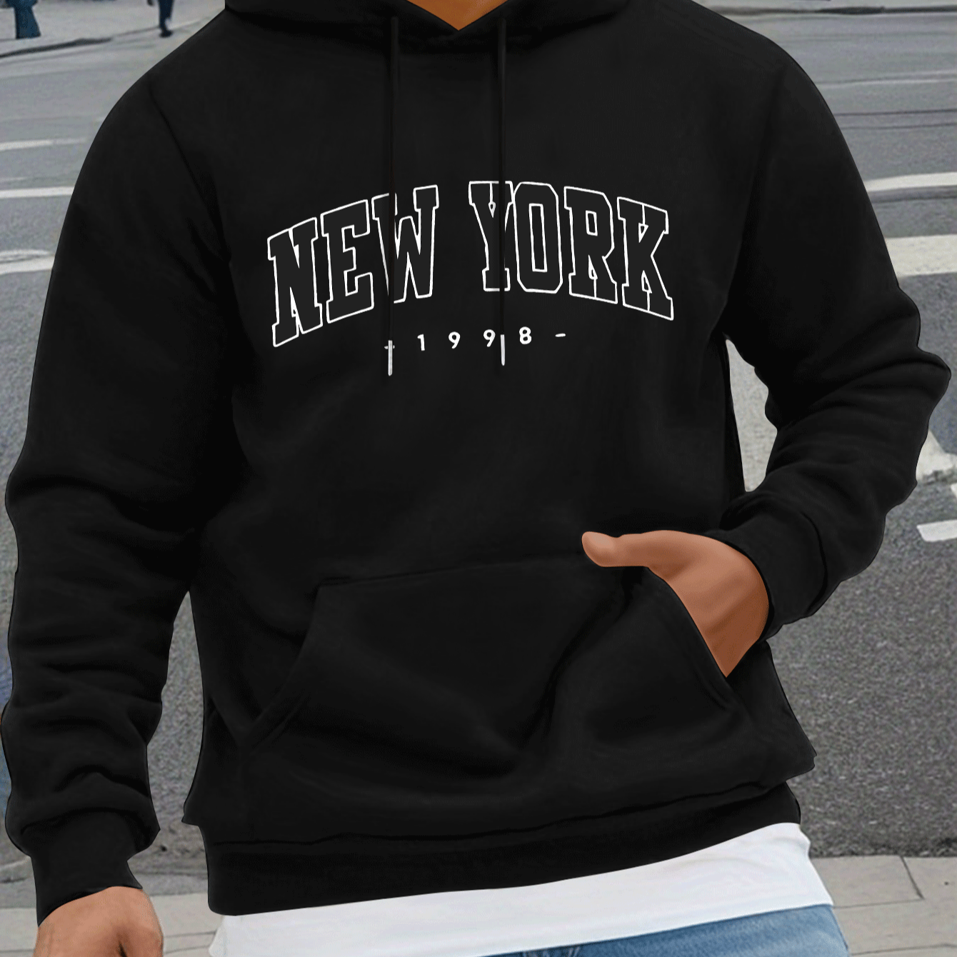 

Popular New York City Print, Men's Drawstring Sweatshirt Hoodies, Men's Casual Pullover Long Sleeve Hoodies With Kangaroo Pocket, Comfy Tops For Outdoor Activities