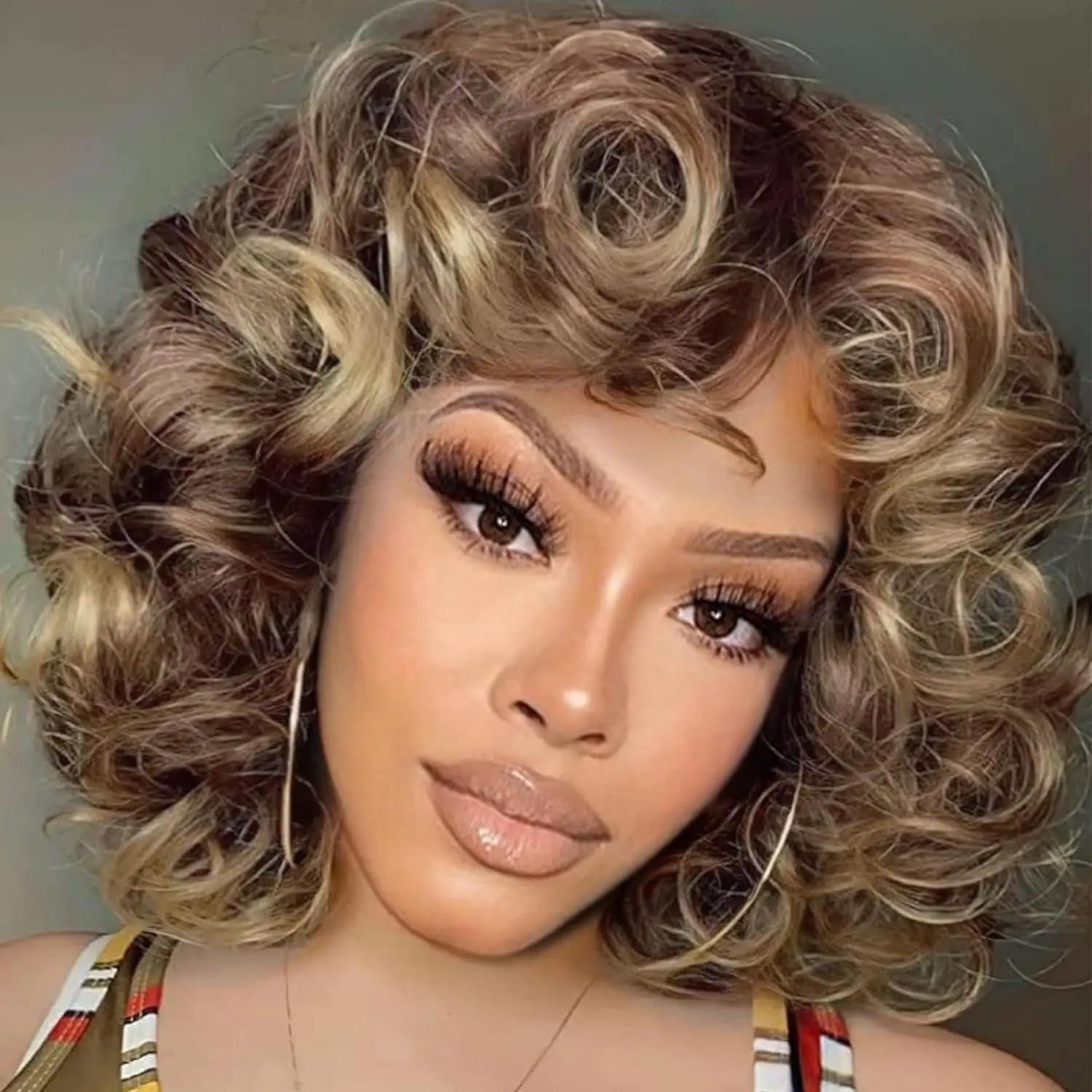 

Elegant Curly Afro Synthetic Wig For Women, High Temperature Fiber, Glueless Brown Mixed Blonde, Rose Net Cap, Versatile For All People